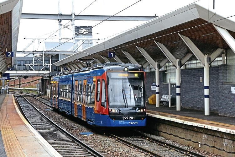 No. 399201 passes through the heavy rail platforms at Rotherham Central on March 7 with a service towards Sheffield Cathedral.