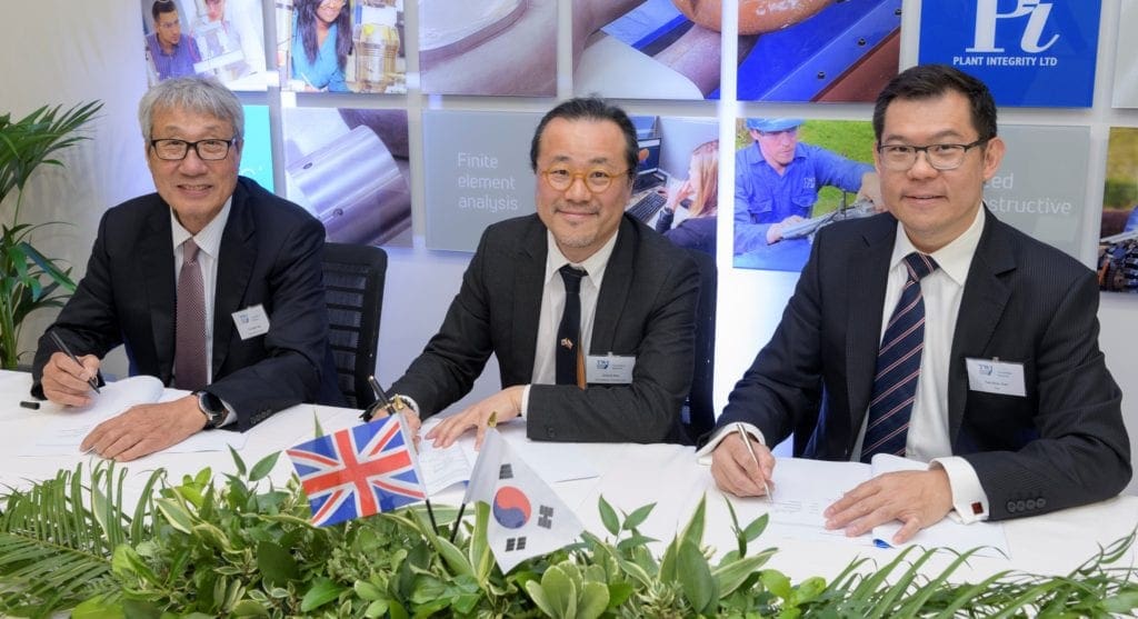 Signing of the memorandum of understanding by, from left, Youngjin Lee, Asia-Tech Co, Chinui Kim, Prometheus Connect and Tat-Hean Gan of TWI. Photo: TWI Innovation Network