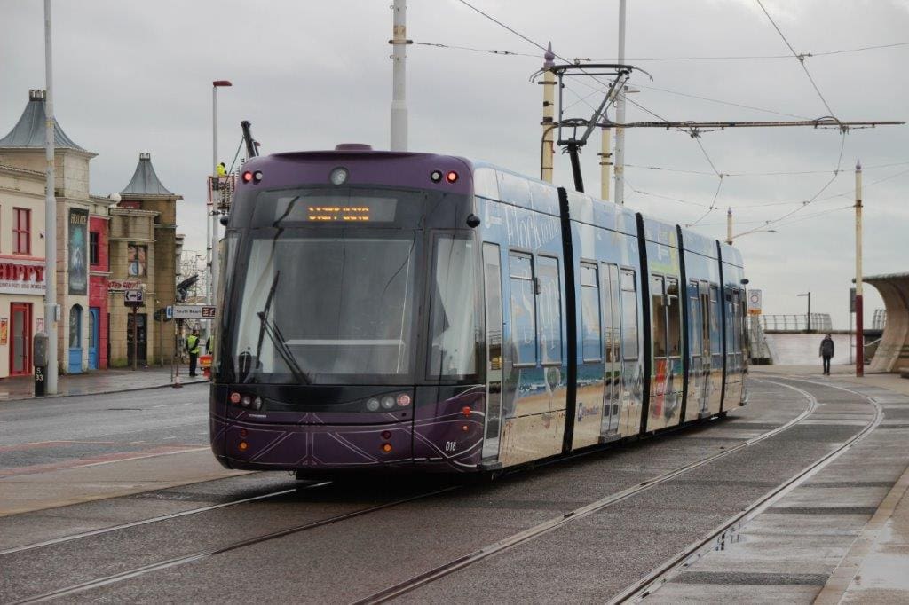 In happier times, Blackpool Transport's Bombardier Flexity 2 No. 016 is seen at the resort's Pleasure Beach. GARETH EVANS