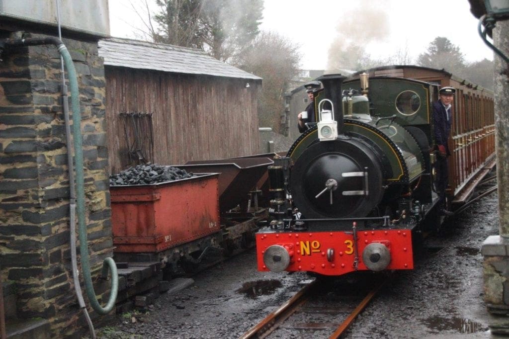 Former Corris Railway 0-4-2ST No. 3 Sir Haydn is seen slowing to stop at Pendre station on December 29, 2018. GARETH EVANS