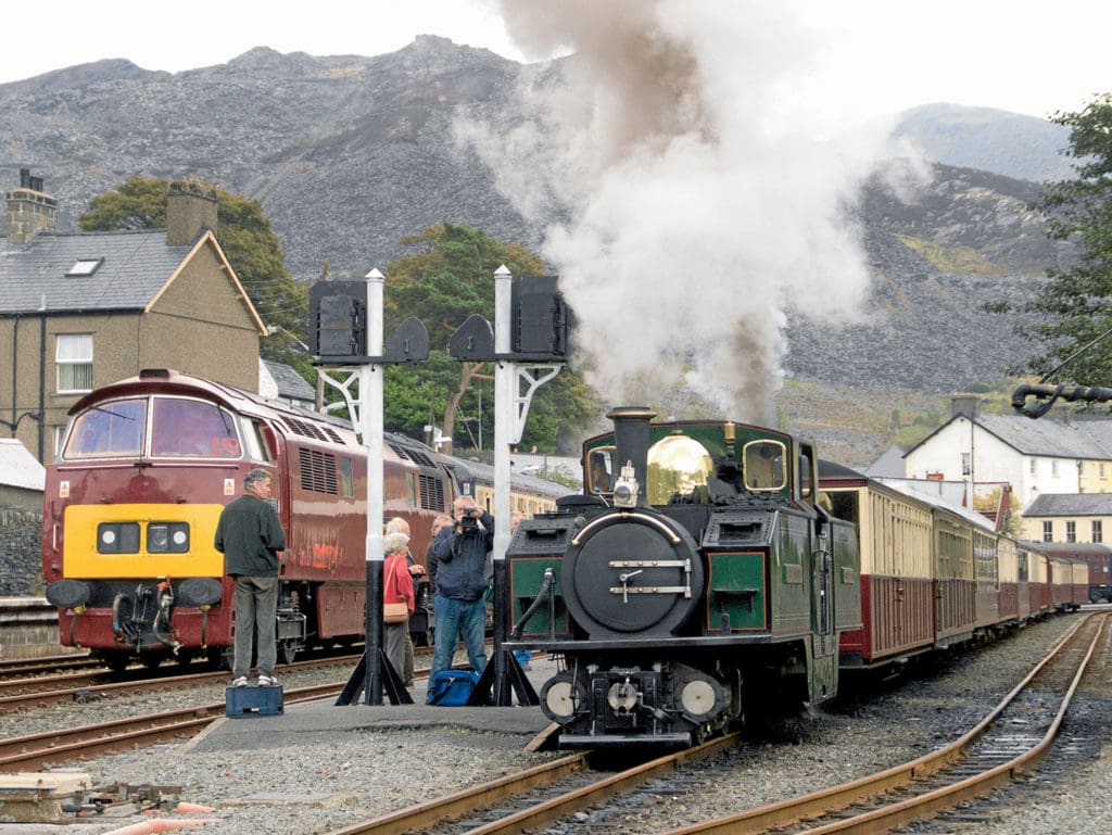 double Fairlie Earl of Merioneth steams out of Blaenau Ffestiniog station
