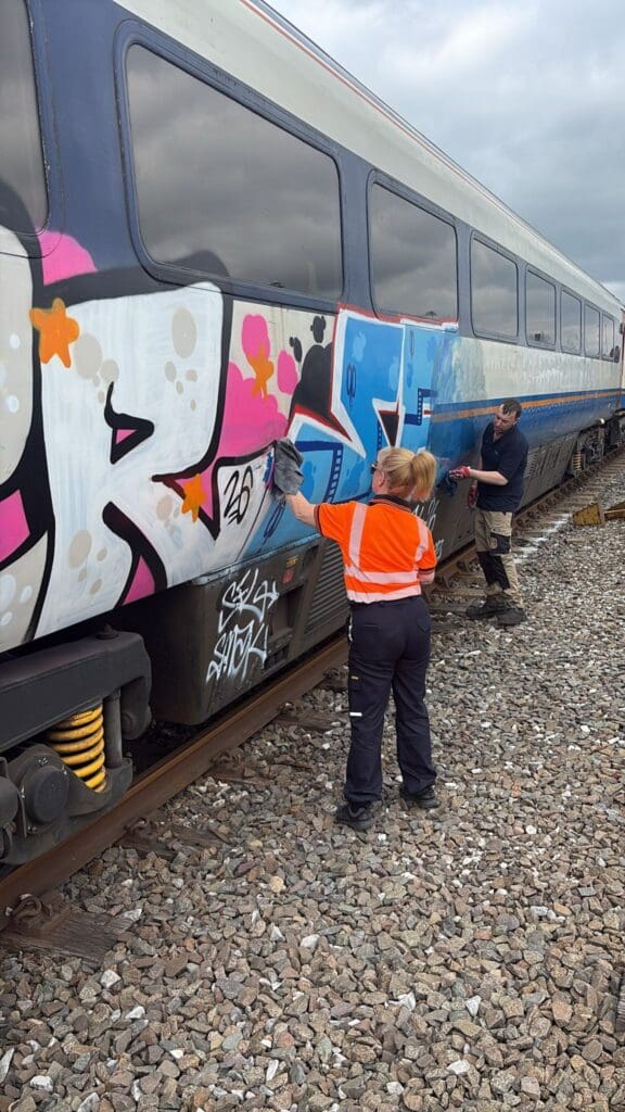 Cleaning of the vandalised train in progress