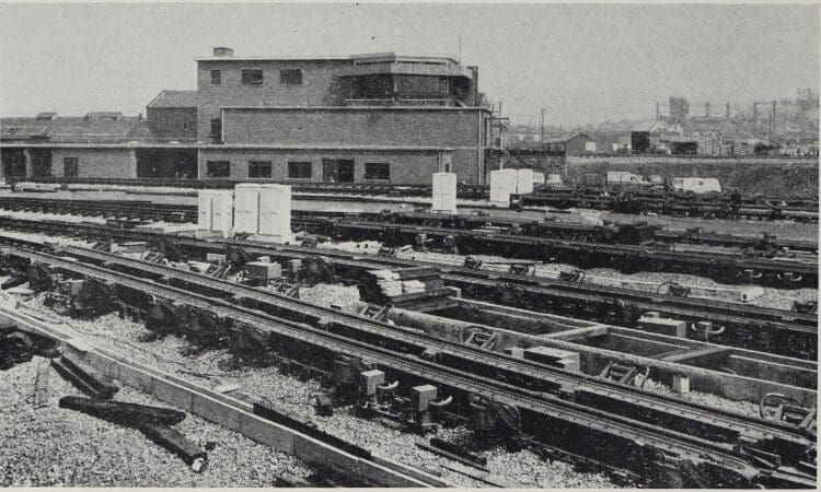 A view of the control tower. In the foreground are the secondary retarders, situated between the primary retarders and the sorting sidings