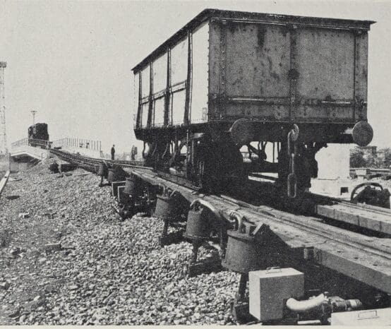 A wagon passing over a primary retarder on the hump descent towards the secondary retarders and sorting sidings