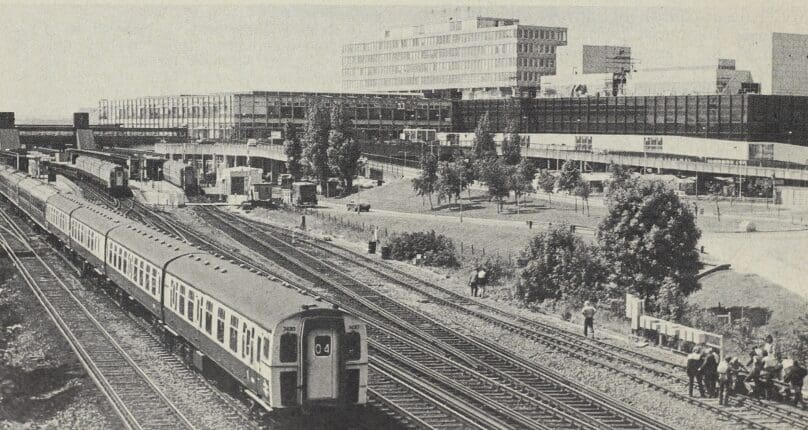 the present (1975) Gatwick Airport Station with the airport buildings behind.