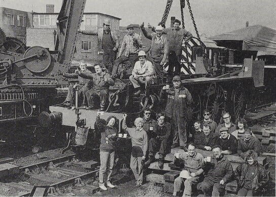 Thompson B1 Locomotive Trust members toast the successful re-wheeling of their locomotive, No. 1264, at Loughborough. All photos: Anthony V. Gregory.