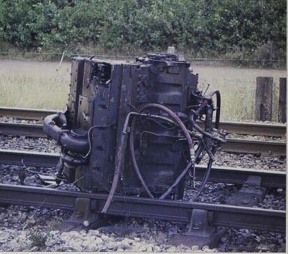 he extraordinary sight of an engine block sitting in the ‘four foot’ of one of Britain’s major coastal routes. The engine had dropped out of Class 142 vehicle No. 55703 while it was travelling at speed on a Carlisle-Barrow service. DAVE WALLACE.